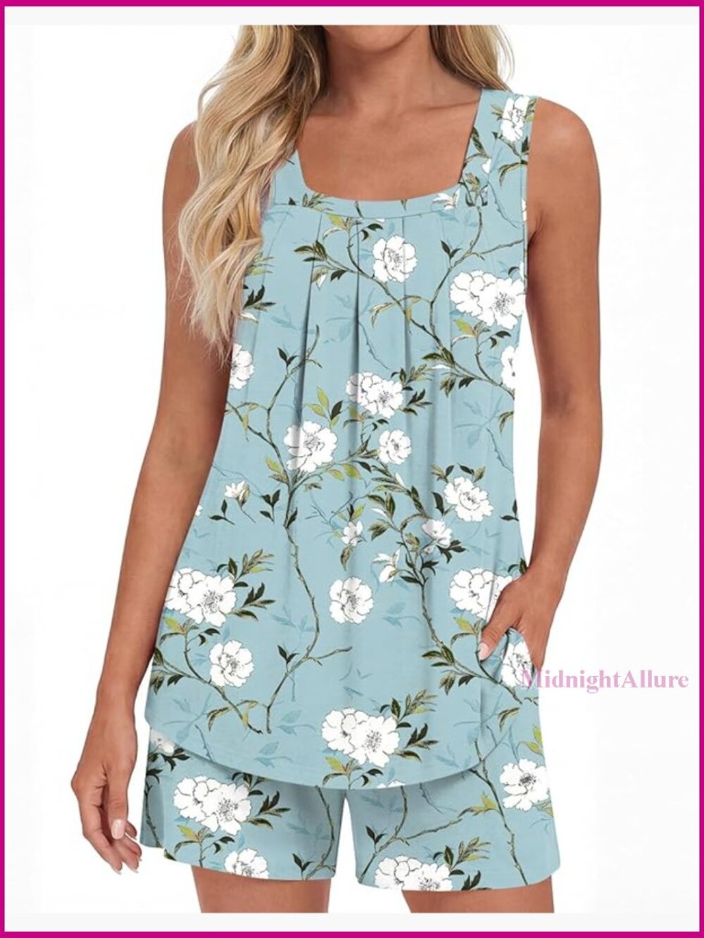 Sleeveless Pajama Set with Pockets Square Neck Tank Top Flowy Shorts Lounge Set